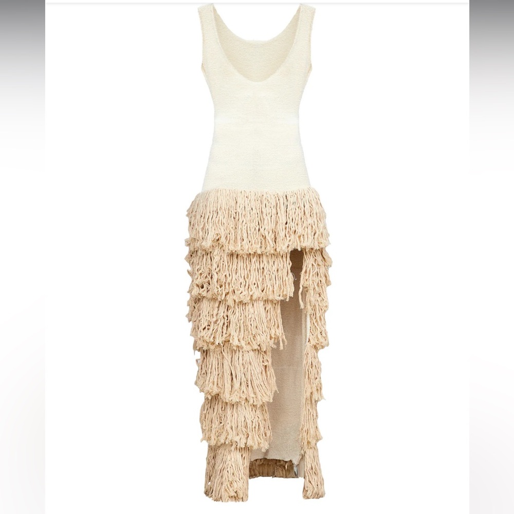 KILENTAR Cream LAYO  Layered Fringe split Dress